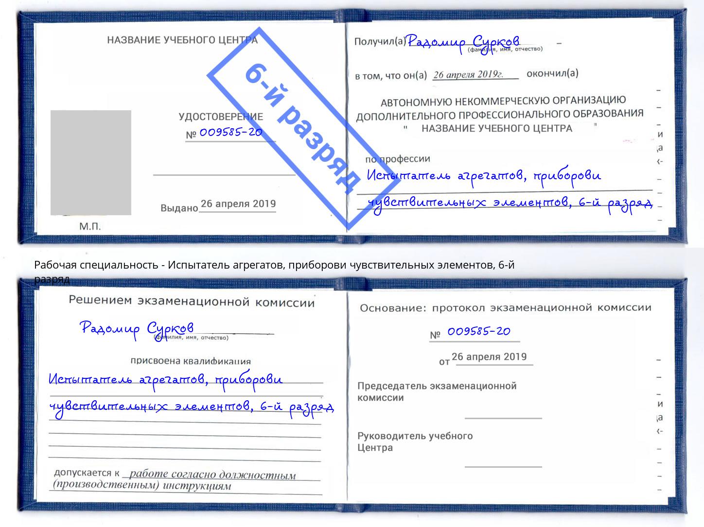 корочка 6-й разряд Испытатель агрегатов, приборови чувствительных элементов Мценск