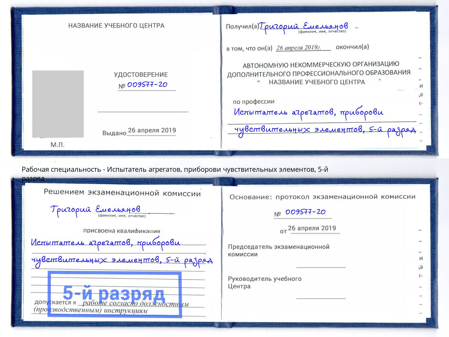 корочка 5-й разряд Испытатель агрегатов, приборови чувствительных элементов Мценск