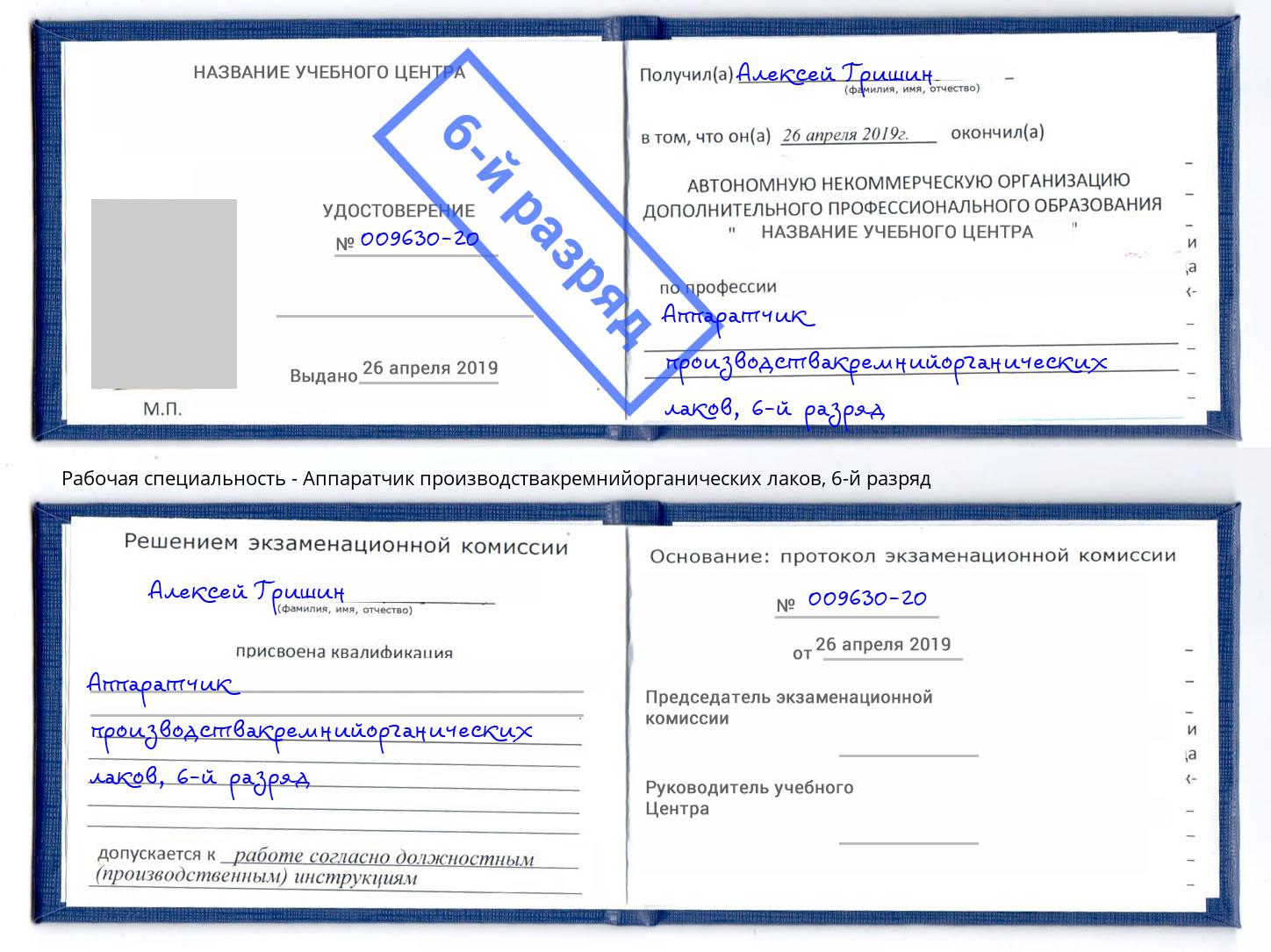 корочка 6-й разряд Аппаратчик производствакремнийорганических лаков Мценск