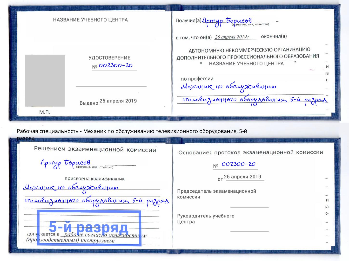 корочка 5-й разряд Механик по обслуживанию телевизионного оборудования Мценск