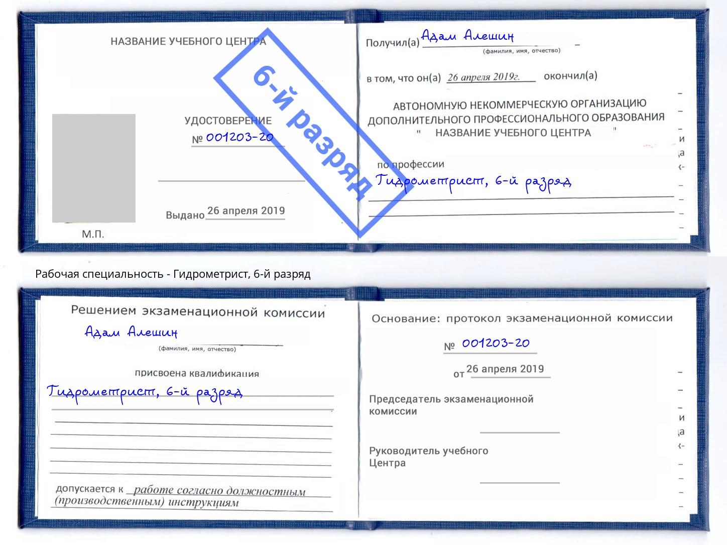 корочка 6-й разряд Гидрометрист Мценск